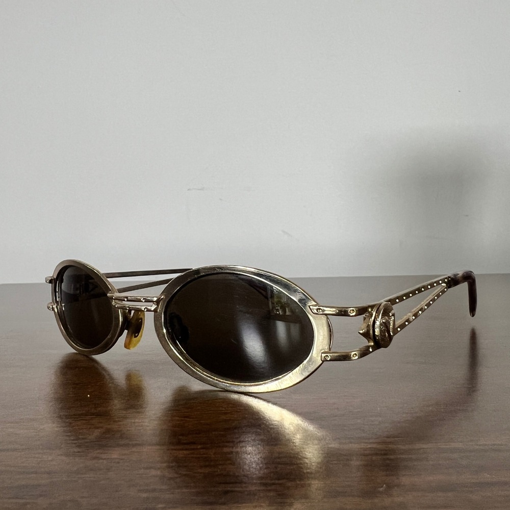 Vintage Gold Oval Sunglasses V Logo Medallion Studded Metal Frames CT138